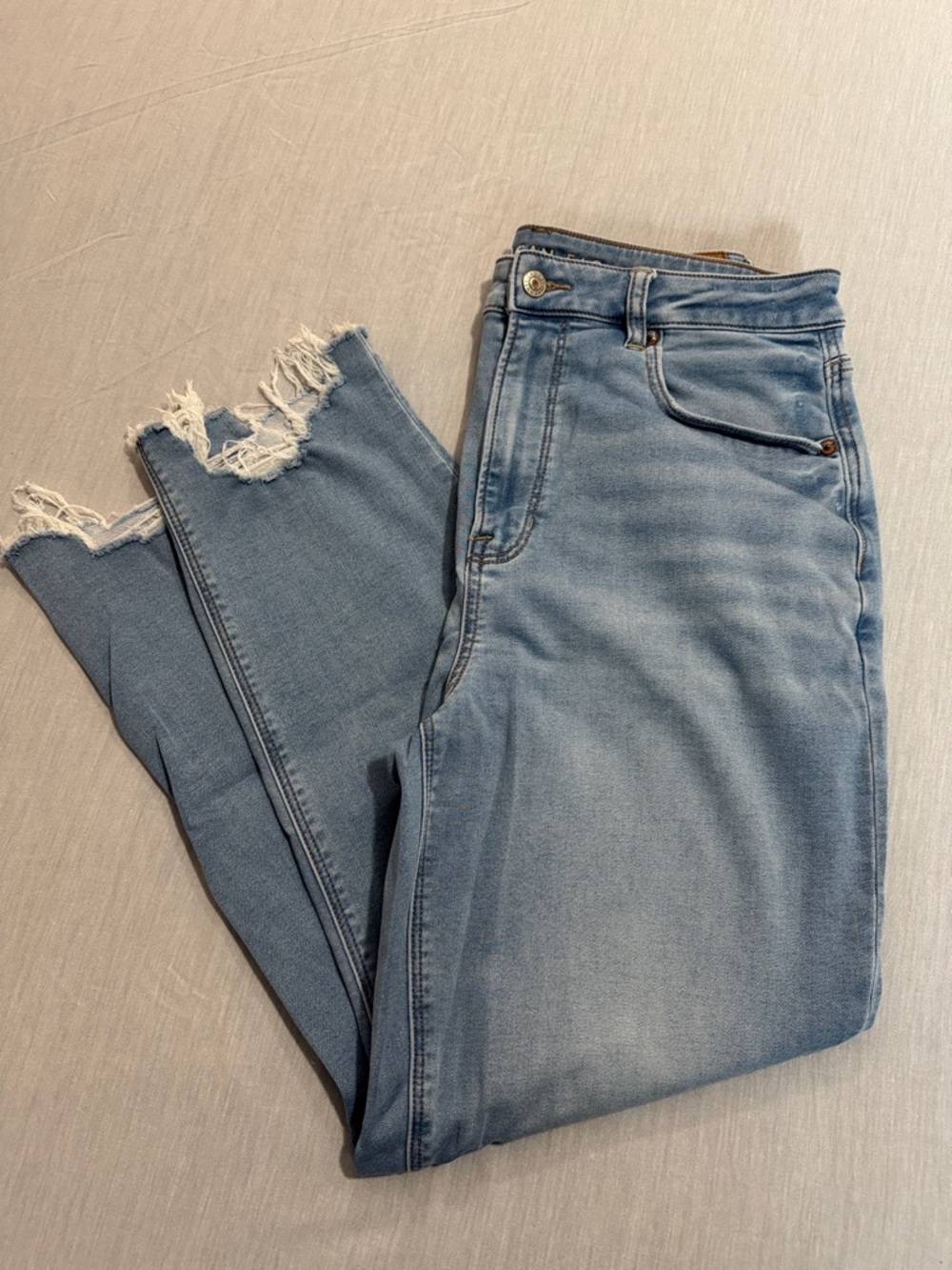 American Eagle Soft Knit Mom Jeans Light Blue Women's Distressed Hem
